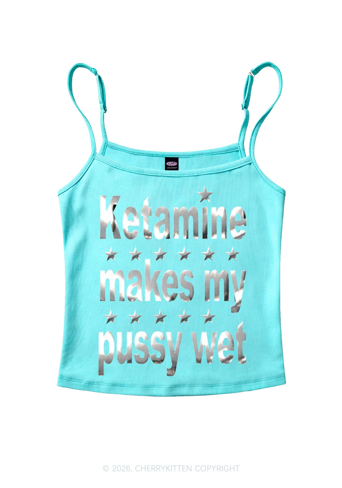 K Makes My Puxxy Wet Silver Foil Printed Y2K Spaghetti Strap Cami Cherrykitten