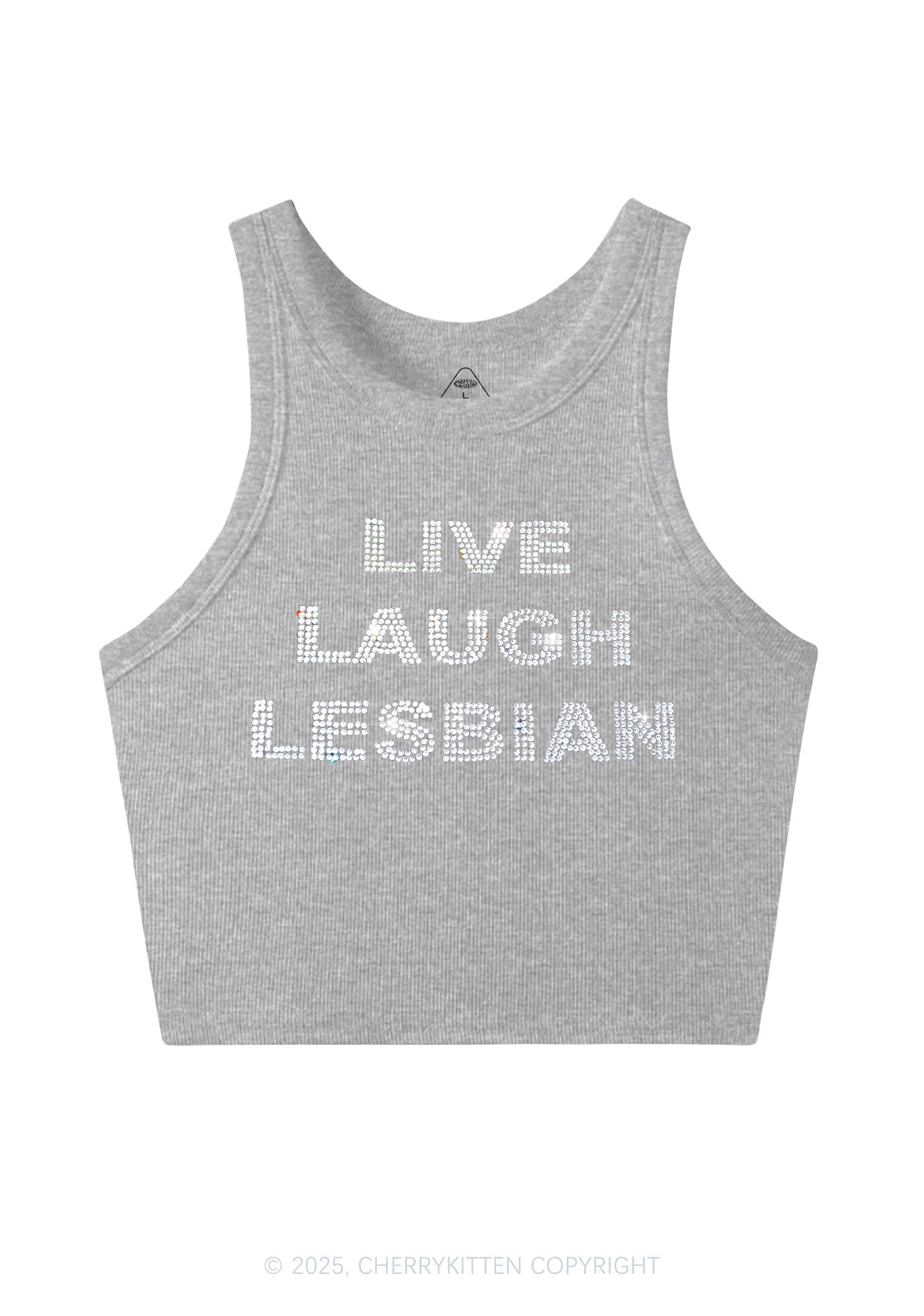 Rhinestone Live Laugh Lesbian Pride Y2K Crop Tank Top Cherrykitten