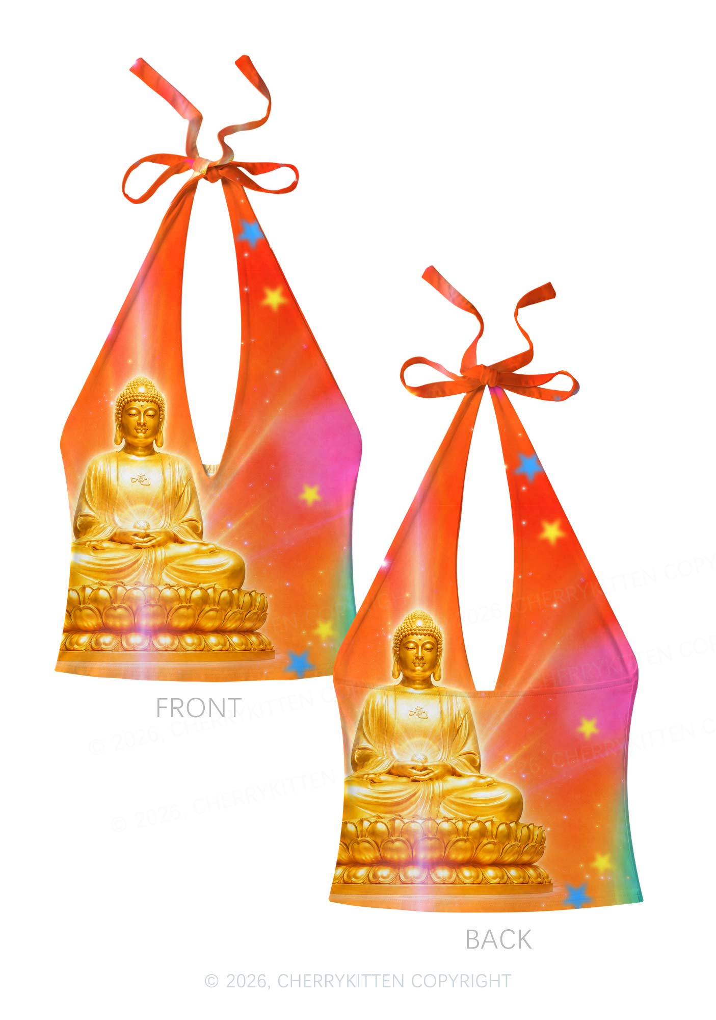 Golden Buddha Y2K Print Halter Deep V Neck Cami Cherrykitten
