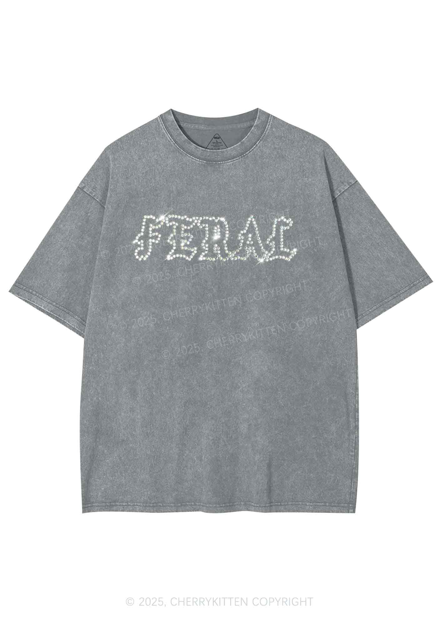 Rhinestone Feral Y2K Shirts Washed Tee Cherrykitten