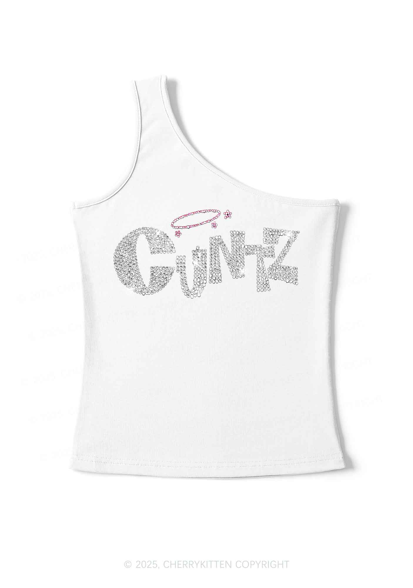 Rhinestone Cxntz Y2K One Shoulder Tank Top Cherrykitten