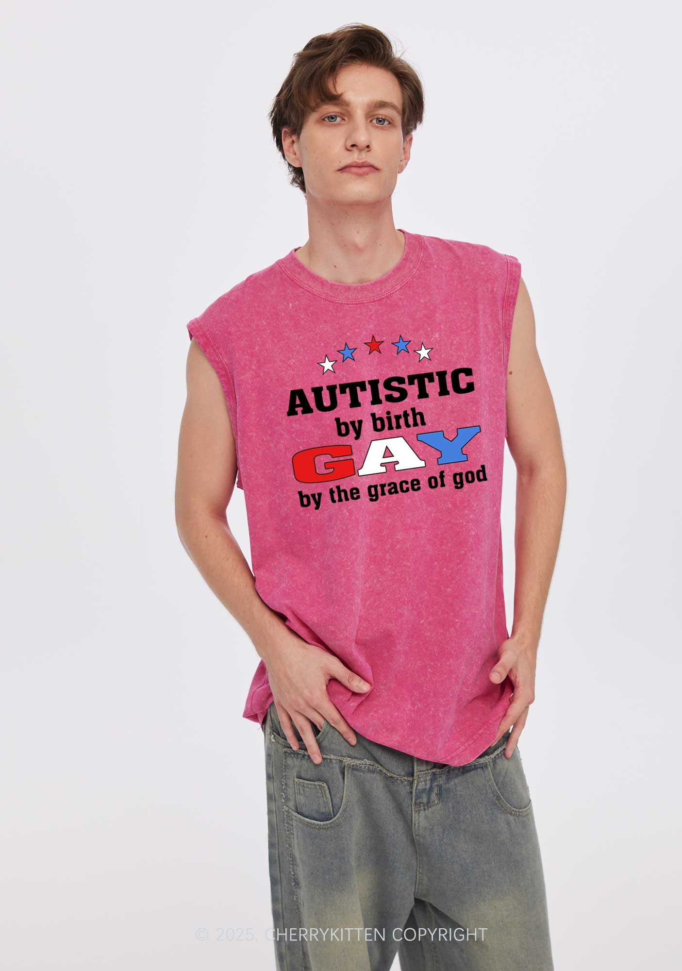 Autistic By Birth Gay Pride Y2K Washed Muscle Tank Cherrykitten