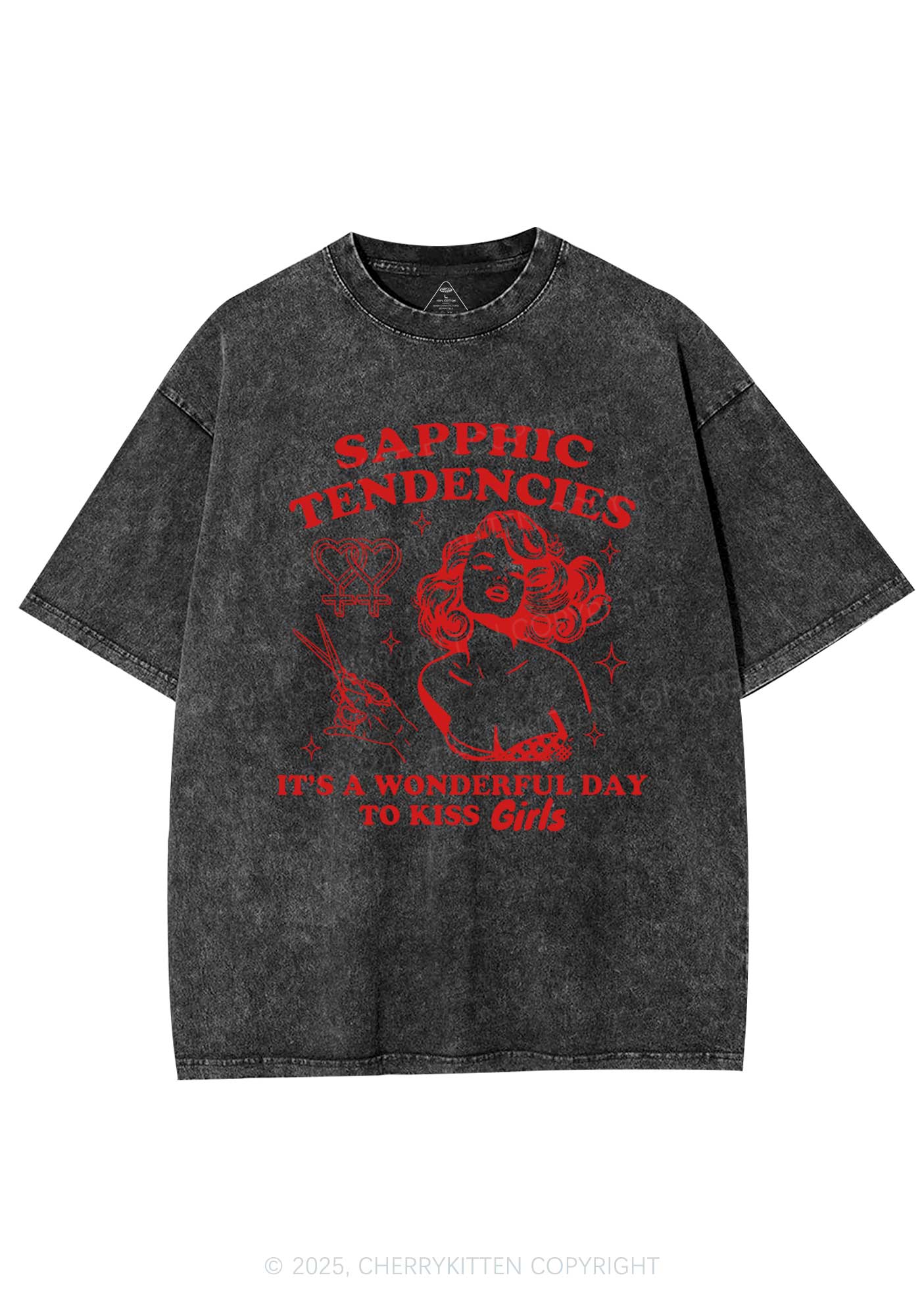 Sapphic Tendencies Kiss Girls Y2K Shirts Washed Tee Cherrykitten