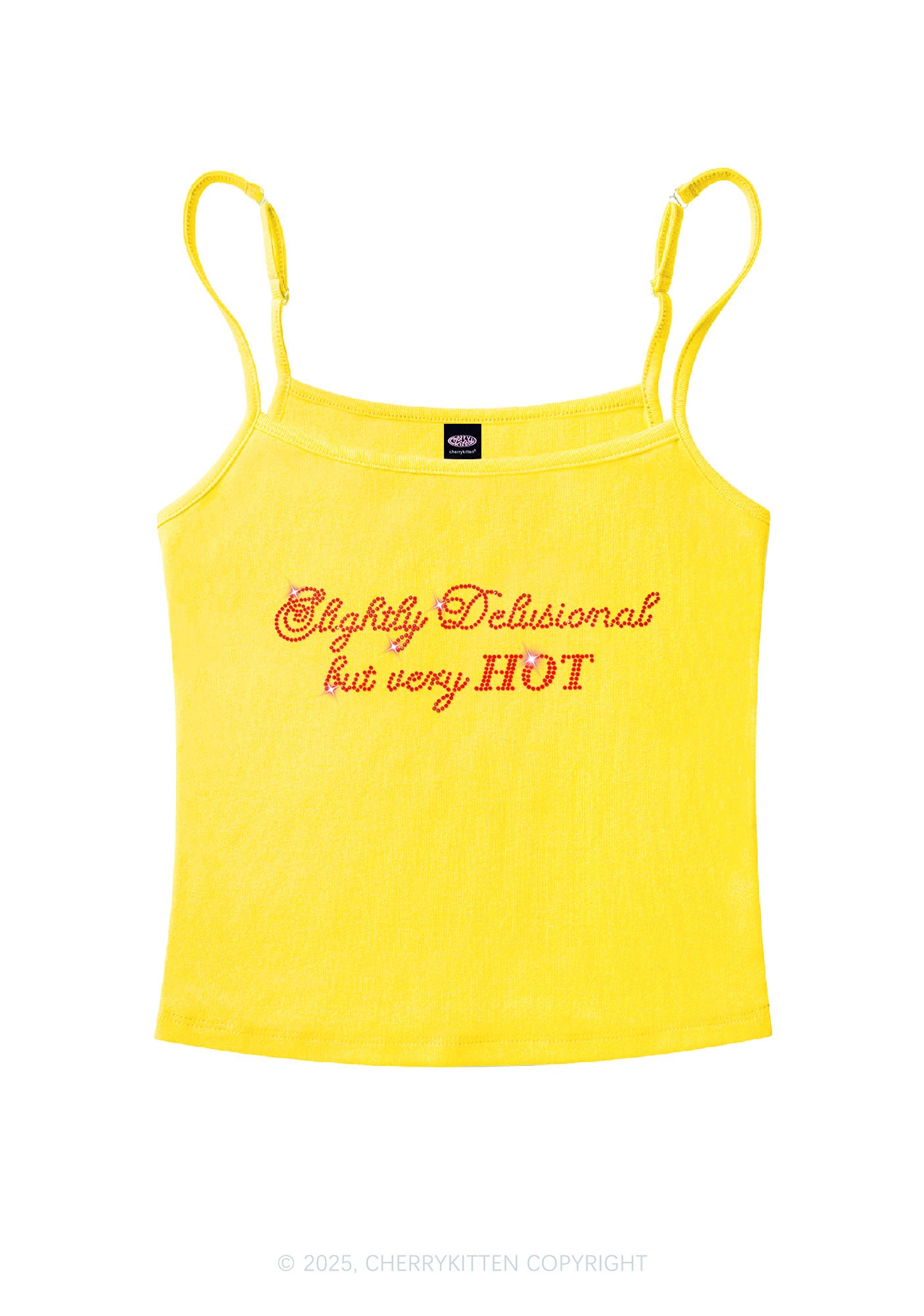 Rhinestone Slightly Delusional But Very Hot Y2K Spaghetti Strap Cami Cherrykitten