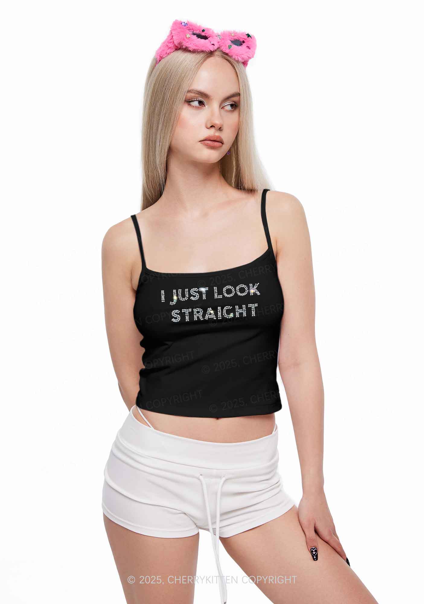 Rhinestone I Just Look Straight Pride Y2K Spaghetti Strap Cami Cherrykitten