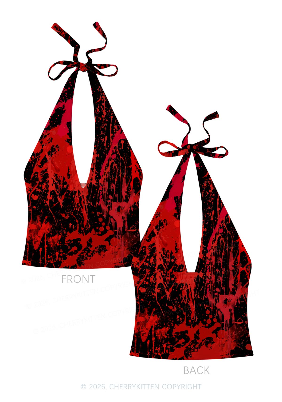 Halloween Red Blood On Black Y2K Print Halter Deep V Neck Cami Cherrykitten