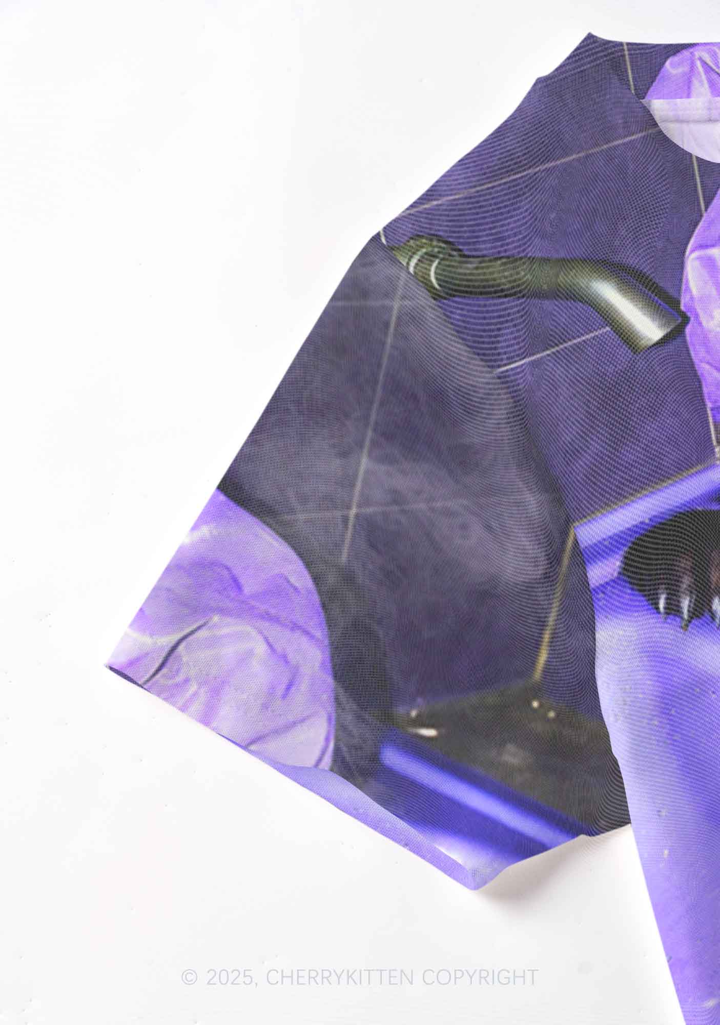 Purple Bath Smoking Raccoon Y2K Mesh Crop Top Cherrykitten