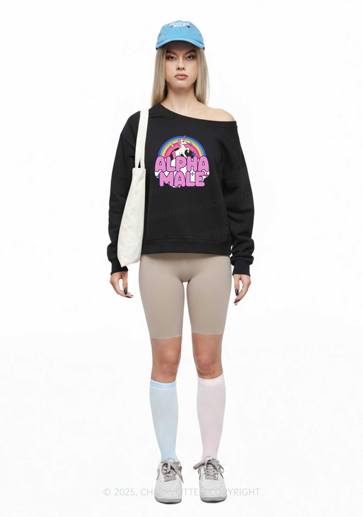 Rainbow Unicorn Alpha Male Y2K Off Shoulder Sweatshirts Cherrykitten
