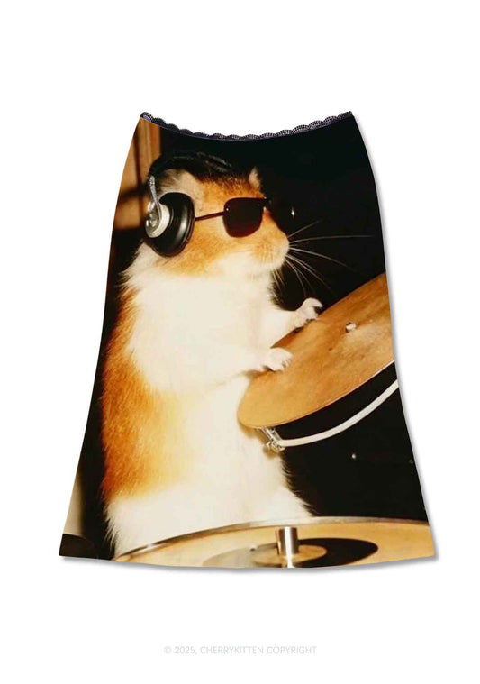 Rats Drummer Y2K Print Midi Skirt Cherrykitten