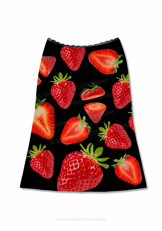 Black Strawberry Y2K Print Midi Skirt Cherrykitten