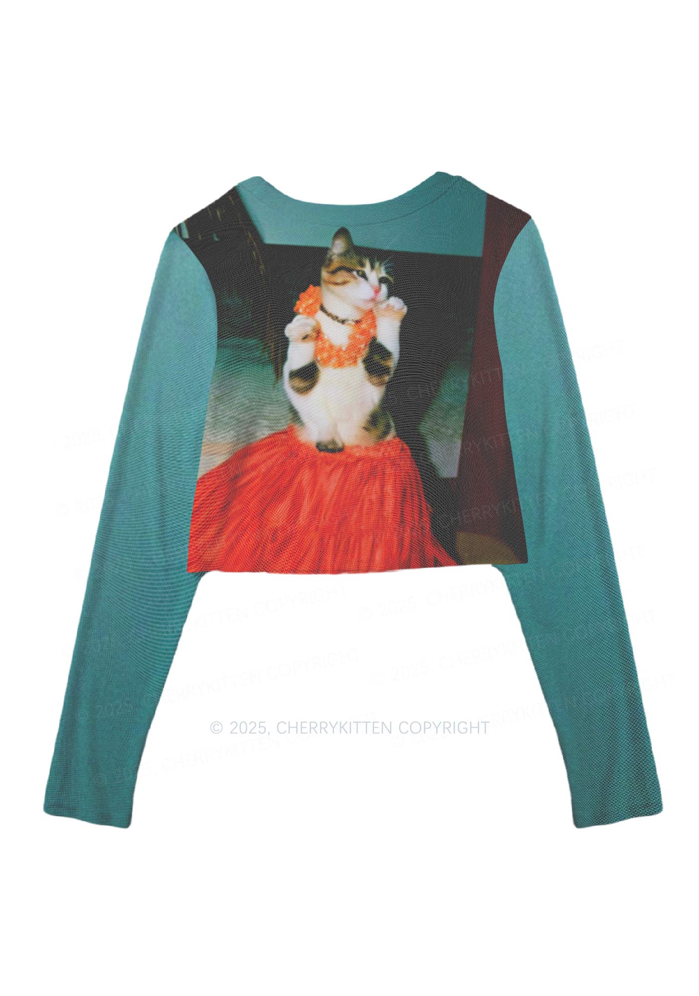 Dancing Cat Y2K Mesh Long Sleeve Crop Top Cherrykitten