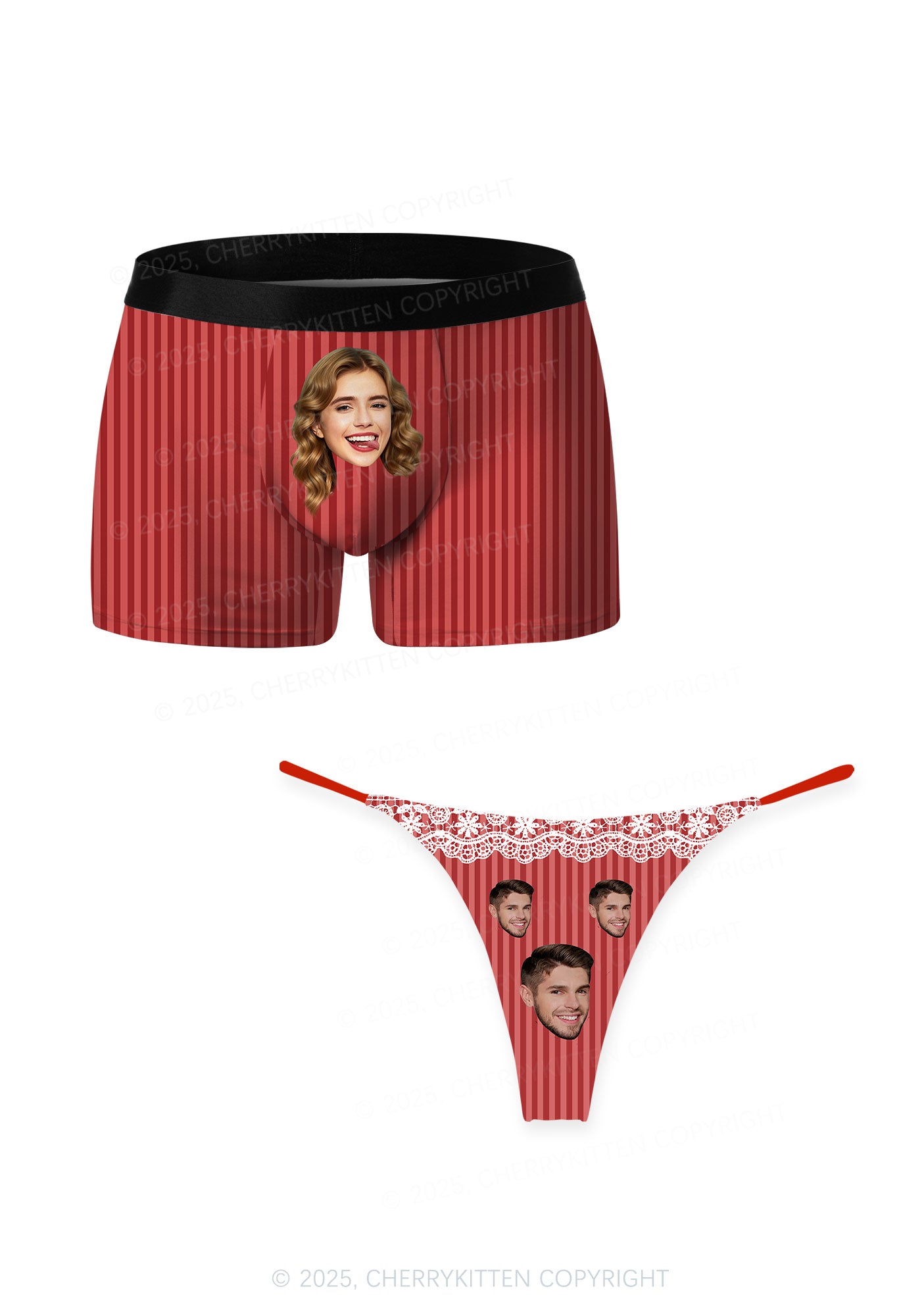 Custom Face Red Stripes Valentine's Day Y2K Print Couples Boxer Thong Set Cherrykitten