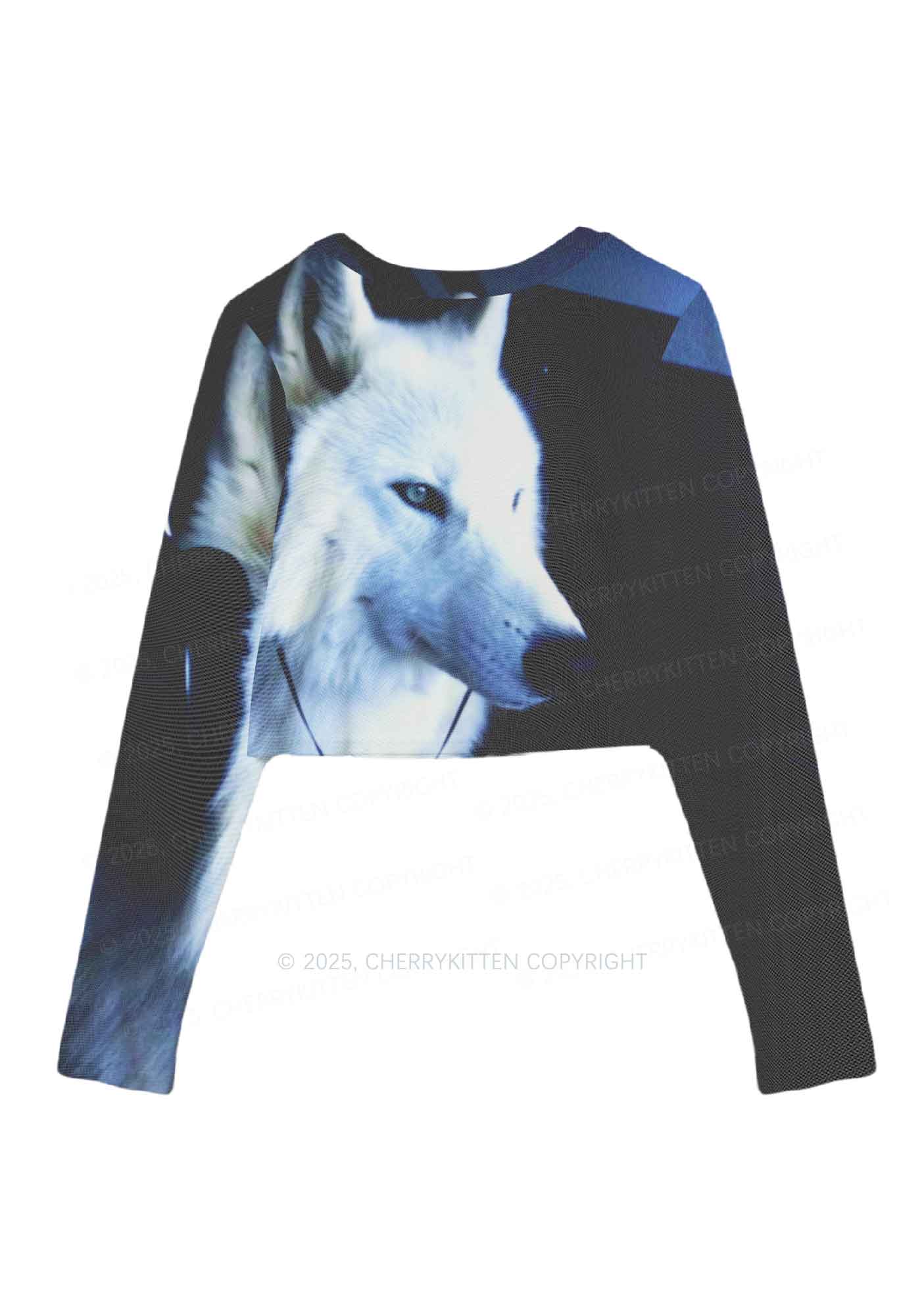 White Wolf Y2K Mesh Long Sleeve Crop Top Cherrykitten