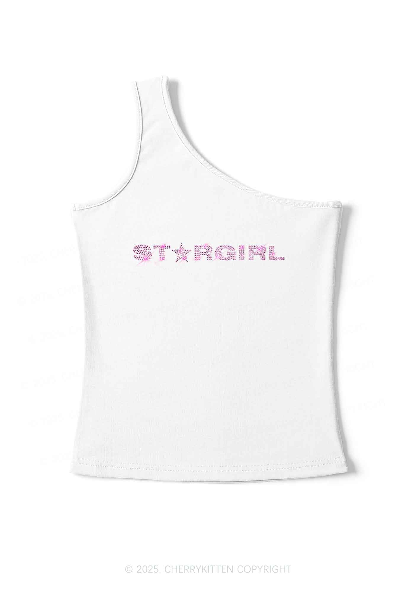 Rhinestone Red Stargirl Y2K One Shoulder Tank Top Cherrykitten
