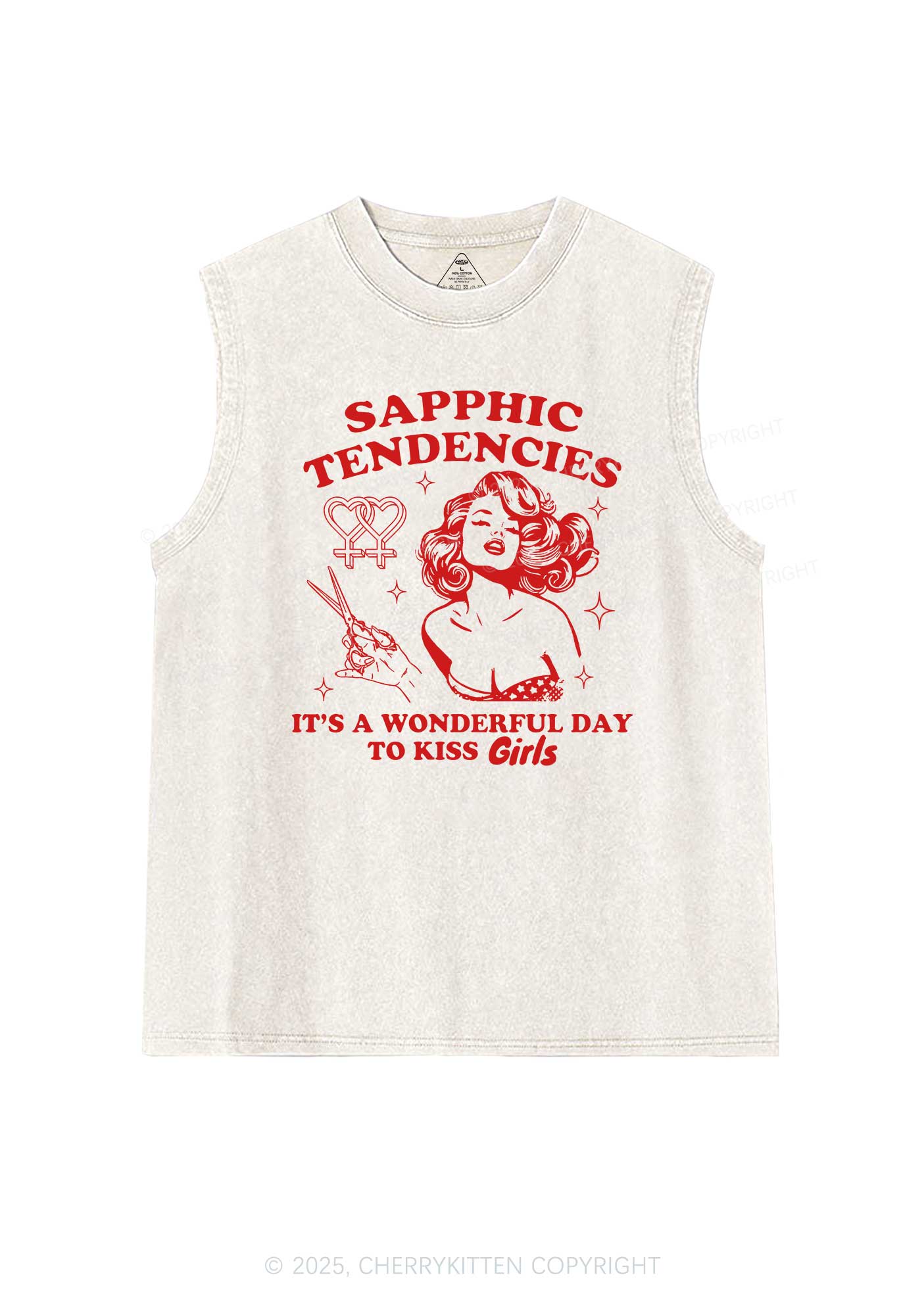 Sapphic Tendencies Kiss Girls Pride Y2K Washed Muscle Tank Cherrykitten