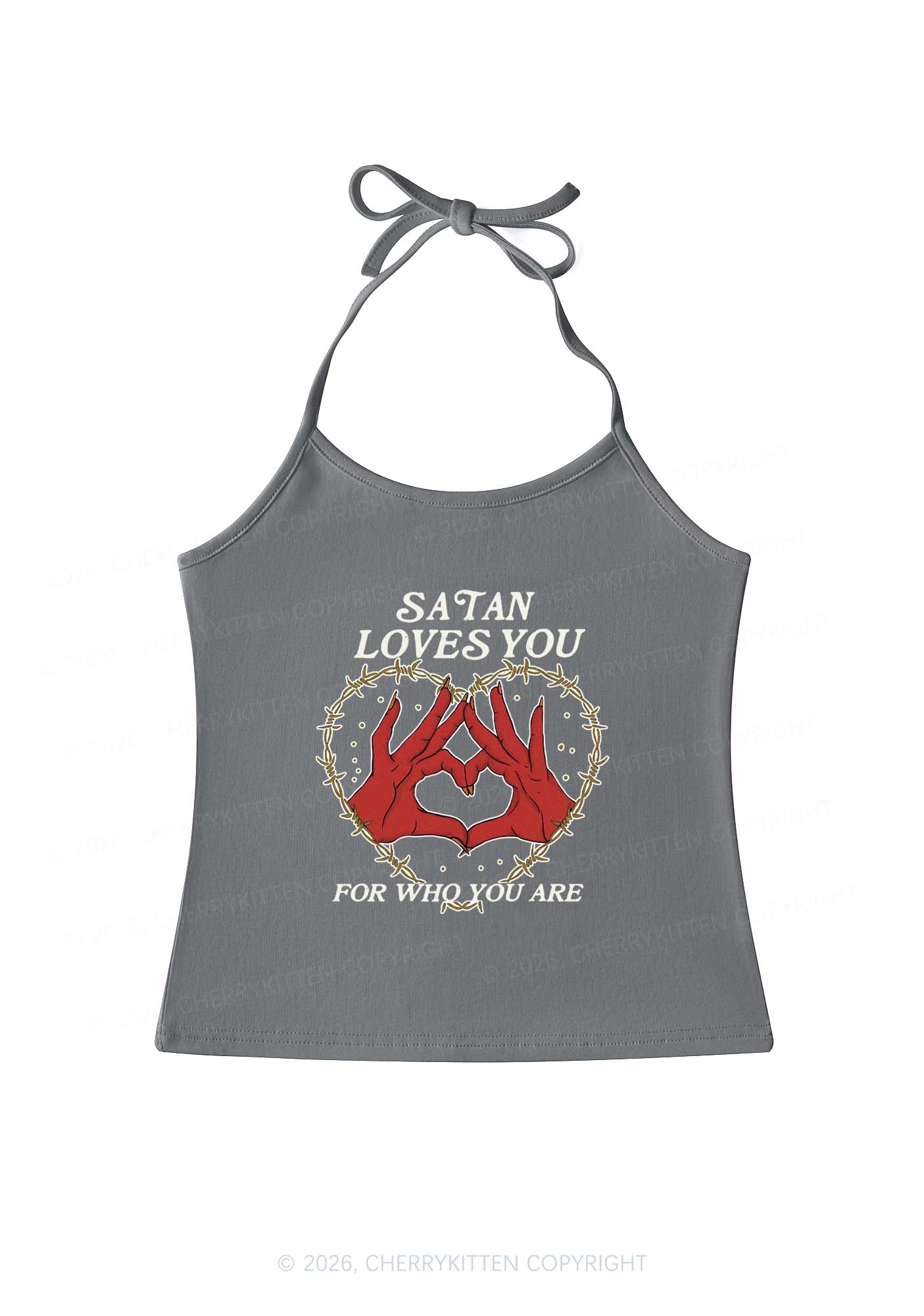 Satan Loves You Heart Halloween Y2K Halter Neck Cami Cherrykitten