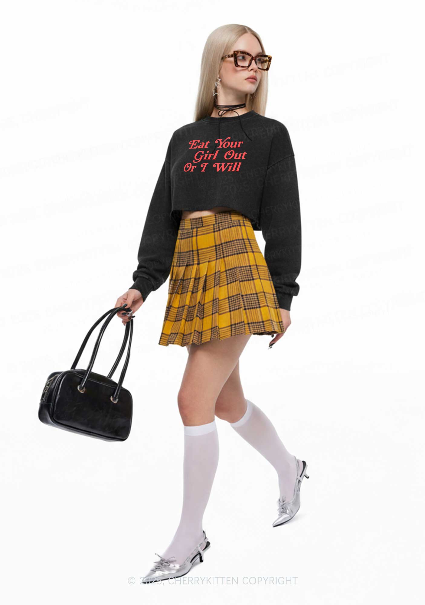 Eat Your Girl Out Y2K Crop Washed Sweatshirts Cherrykitten