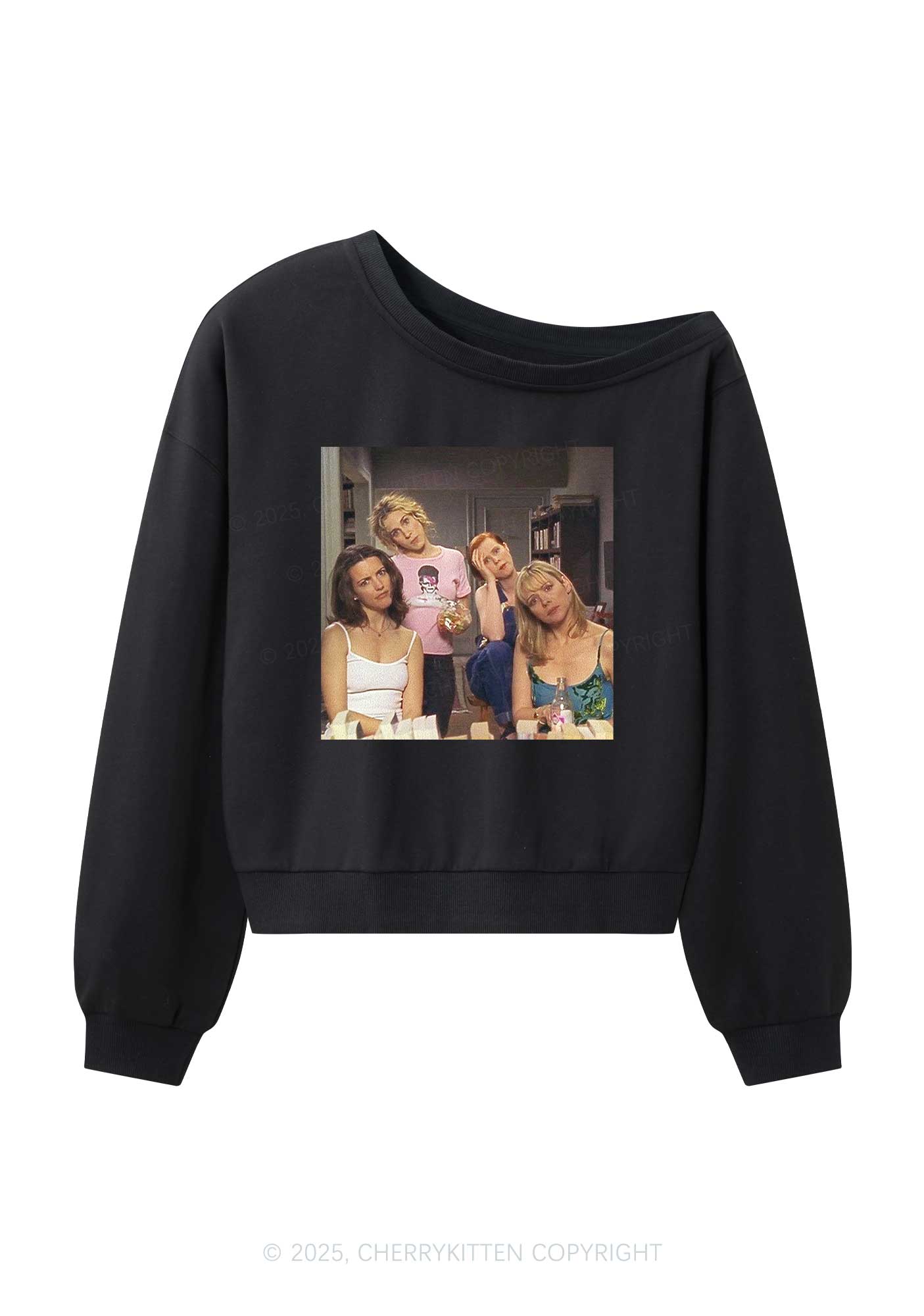 Girl Puzzled Y2K Off Shoulder Sweatshirts Cherrykitten