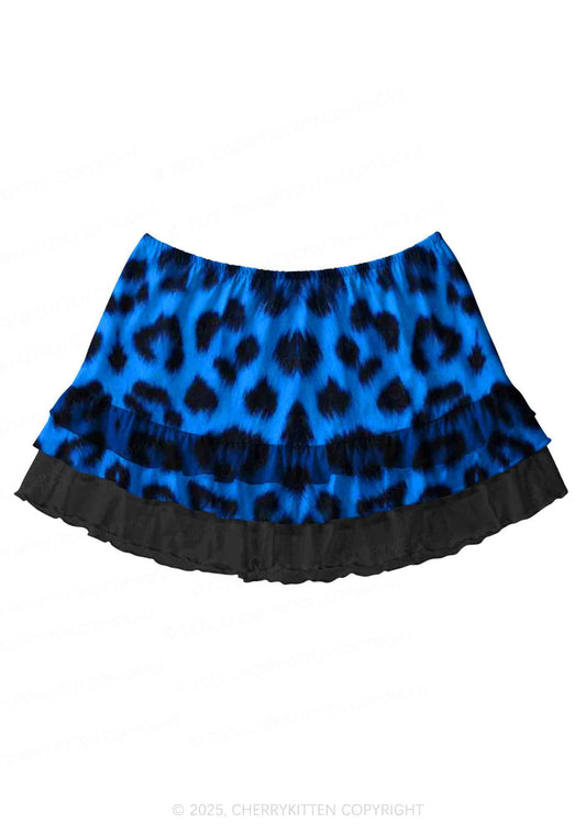 Neon Blue Leopard Y2K Print Mini Layered Skirt Cherrykitten