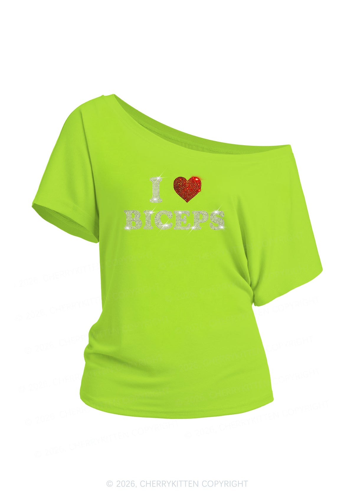 Rhinestone I Love Biceps Y2K Off Shoulder Tee Cherrykitten