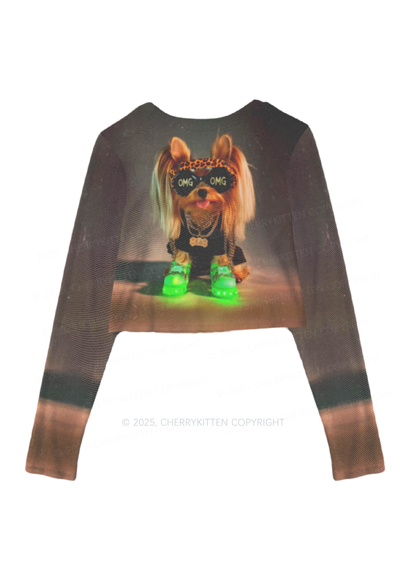 OMG Doggy Y2K Mesh Long Sleeve Crop Top Cherrykitten