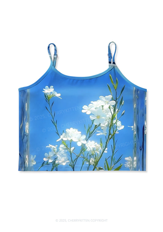 White Flowers Y2K Print Cami Crop Top Cherrykitten