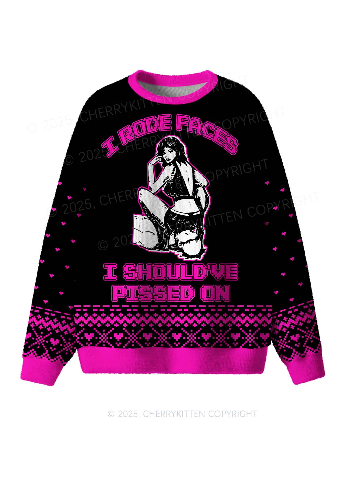 Hot Pink I Rode Faces Y2K Christmas Knit Sweatshirt Cherrykitten