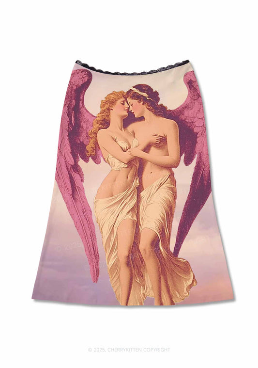 Angel Lesbians Pride Y2K Print Midi Skirt Cherrykitten