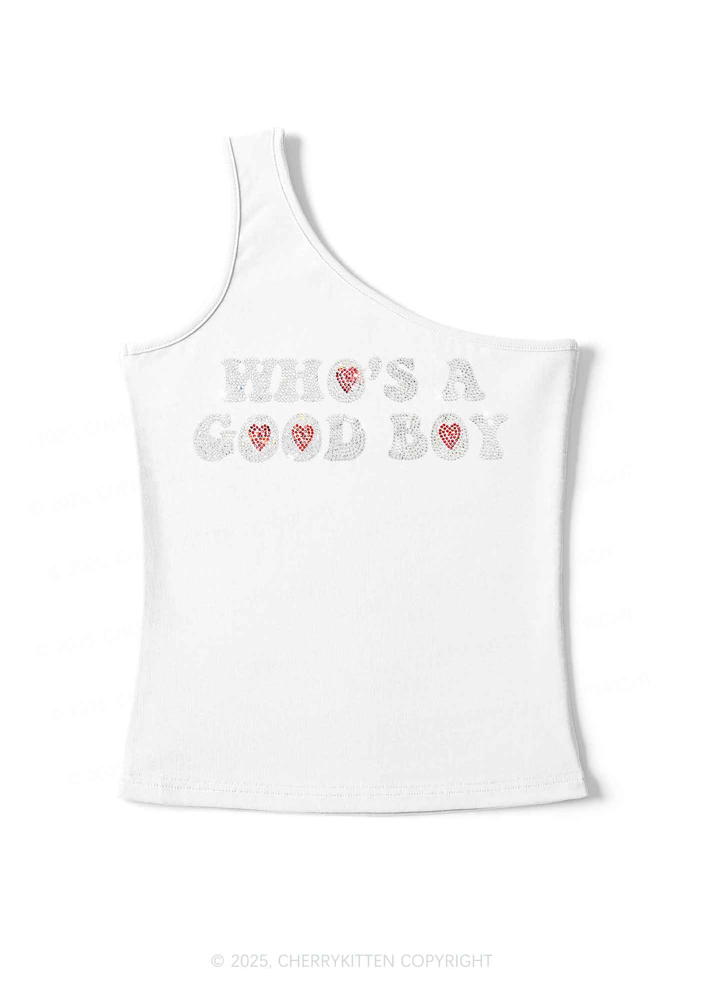 Rhinestone Whos A Good Boy Y2K One Shoulder Tank Top Cherrykitten
