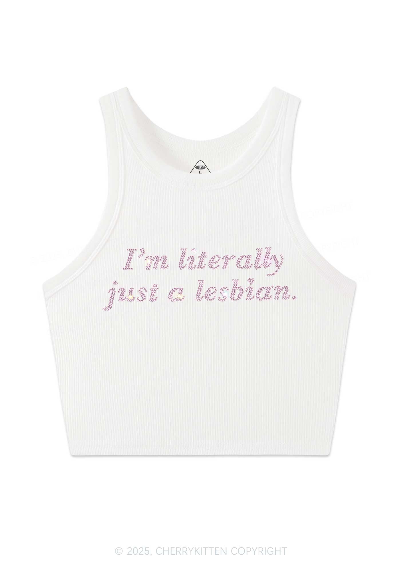 Rhinestone Literally Just A Lesbian Pride Y2K Crop Tank Top Cherrykitten