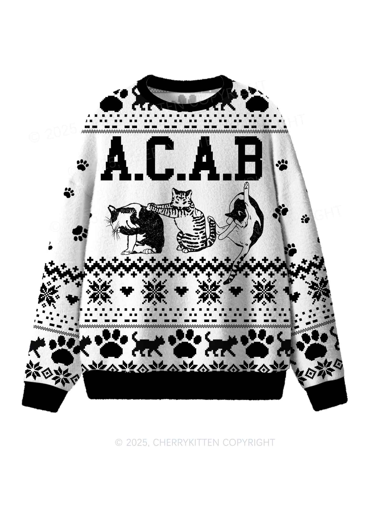 White ACAB Cats Y2K Christmas Knit Sweatshirt Cherrykitten