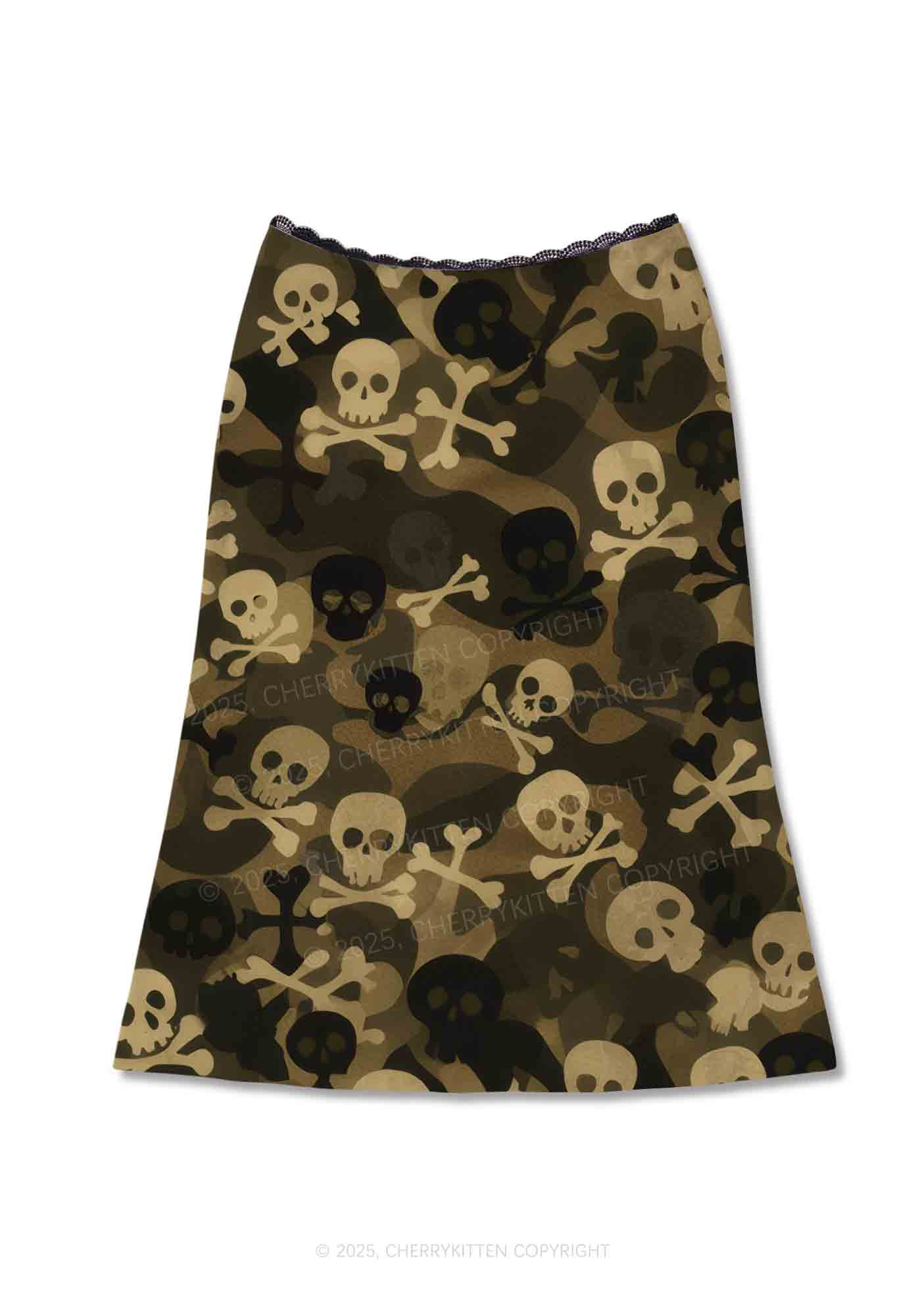 Halloween Camouflage Skulls Y2K Print Midi Skirt Cherrykitten