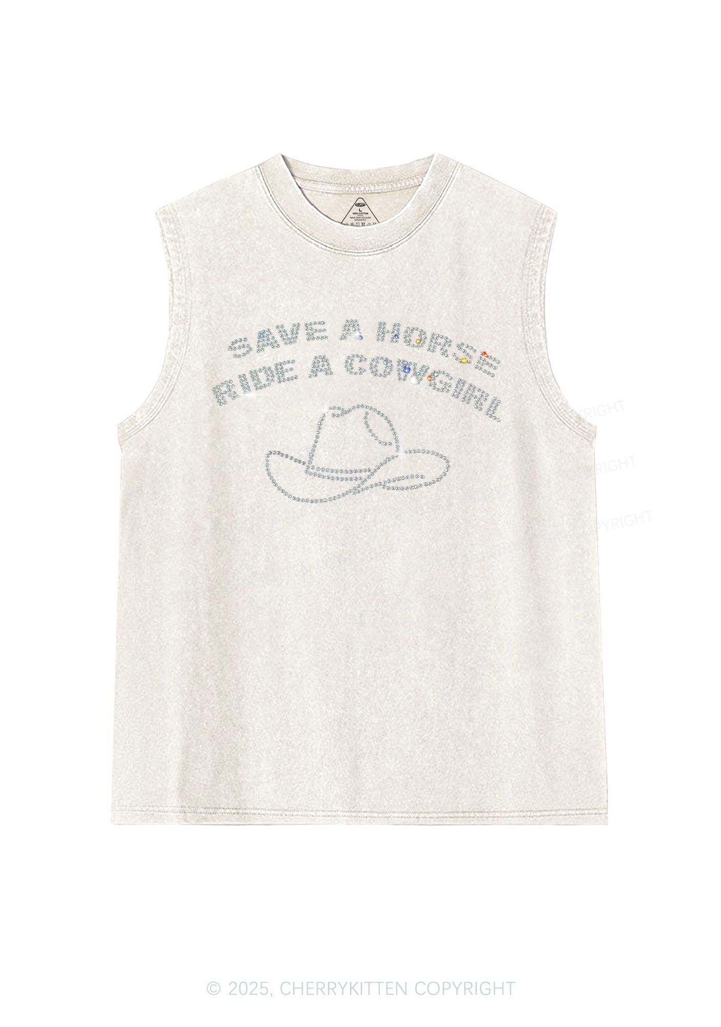 Rhinestone Save Horse Ride Cowgirl Y2K Washed Muscle Tank Cherrykitten