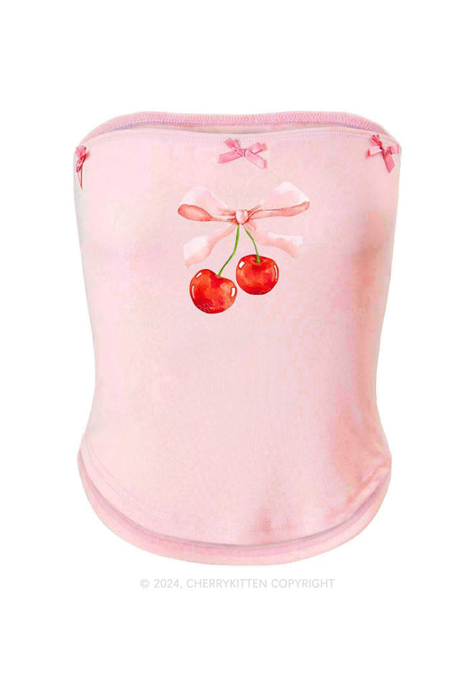 Red Cherries Y2K Pink Bow Tie Tube Top Cherrykitten