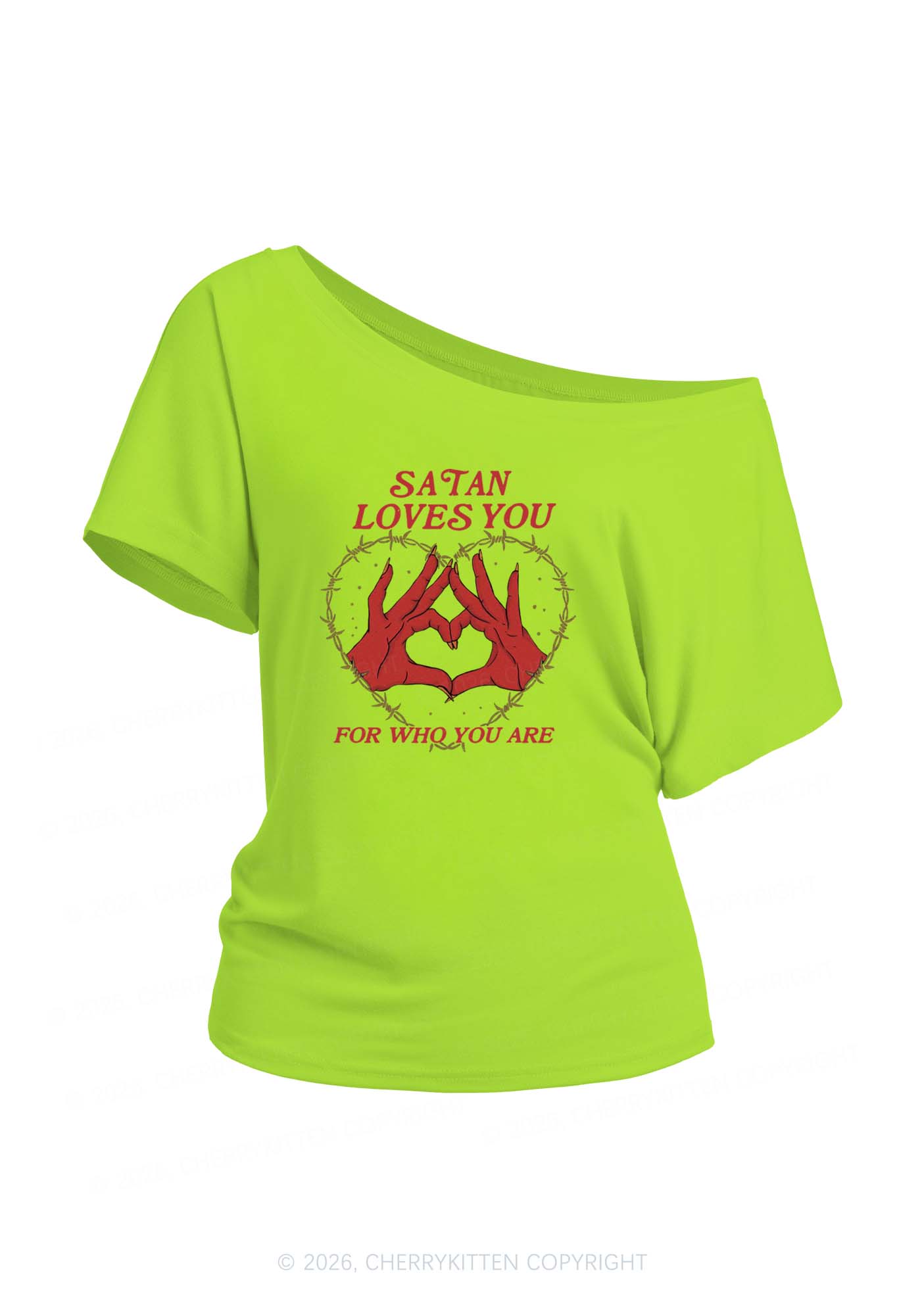 Satan Loves You Heart Halloween Y2K Off Shoulder Tee Cherrykitten