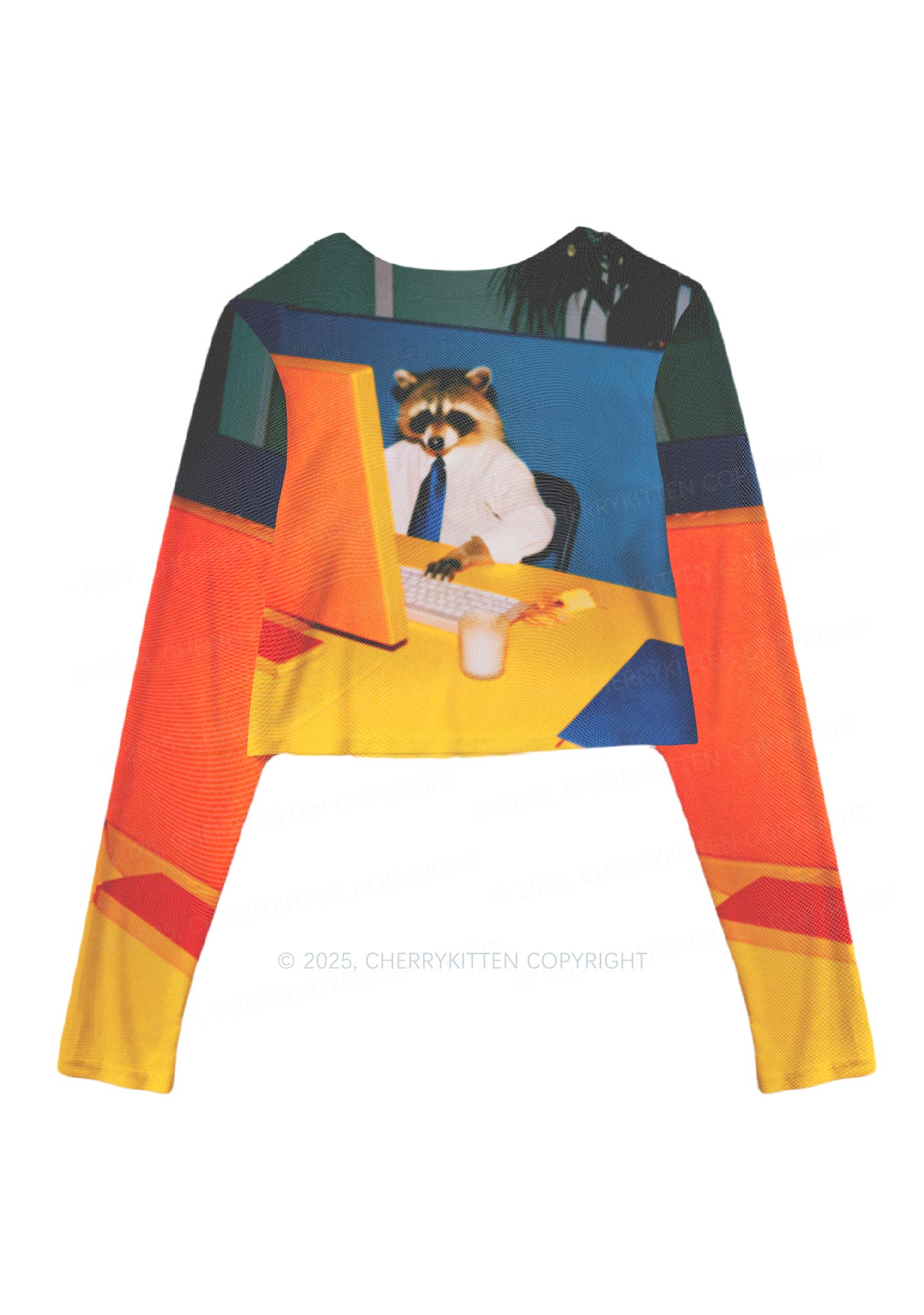 Office Raccoon Y2K Mesh Long Sleeve Crop Top Cherrykitten