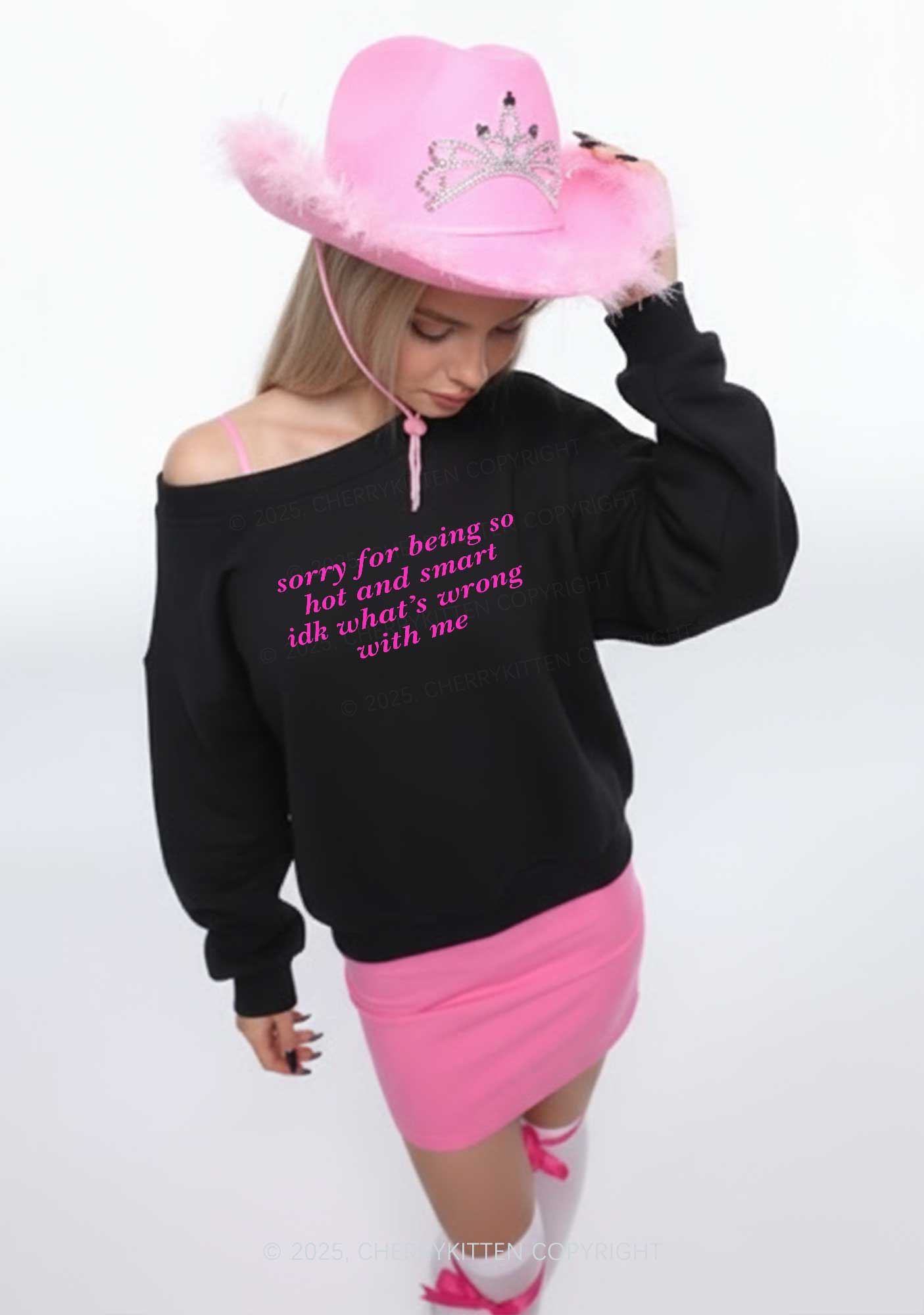 Sorry For Being So Smart Y2K Off Shoulder Sweatshirts Cherrykitten