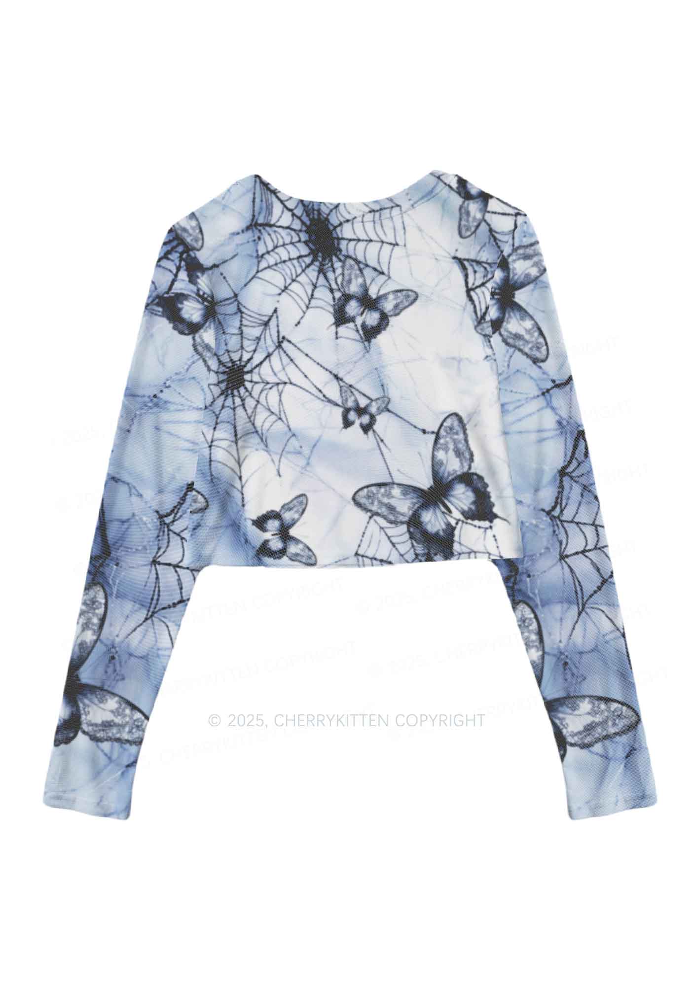 Web And Butterflies Y2K Mesh Long Sleeve Crop Top Cherrykitten