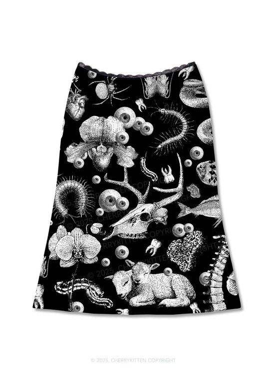 Halloween Dark Sheep Bone Y2K Print Midi Skirt Cherrykitten