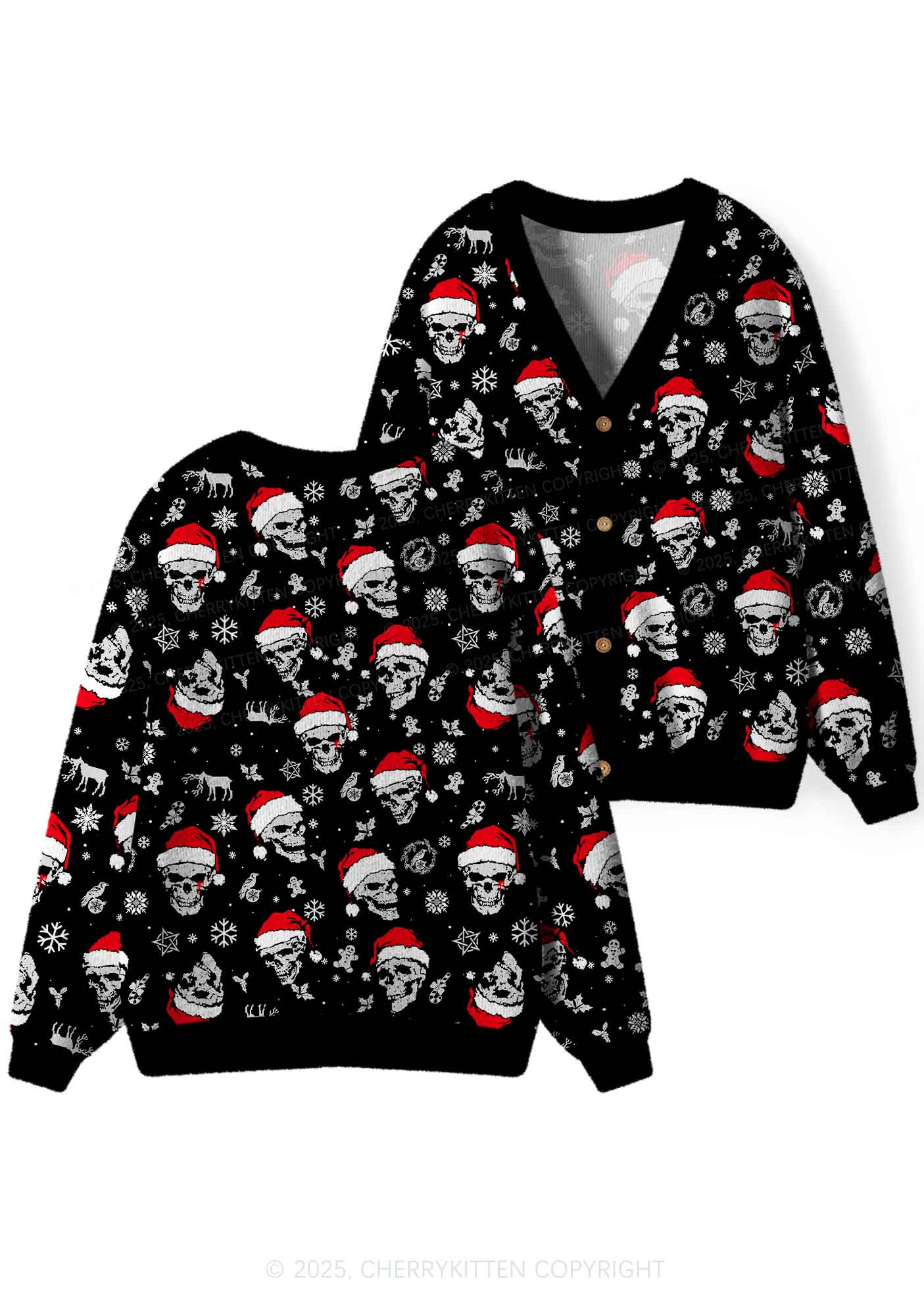 Skull Santa Y2K Christmas Cardigan Knit Sweatshirt Cherrykitten