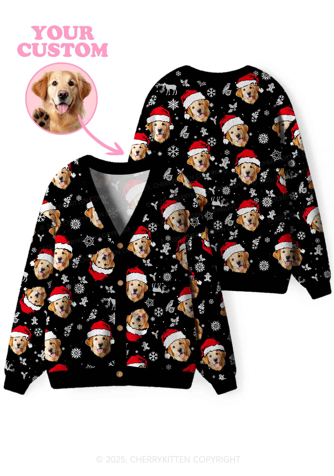 Custom Dog Face Y2K Christmas Cardigan Knit Sweatshirt Cherrykitten