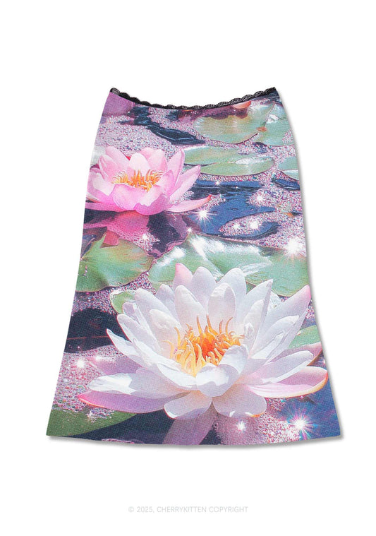 Glitter Lotus Y2K Print Midi Skirt Cherrykitten