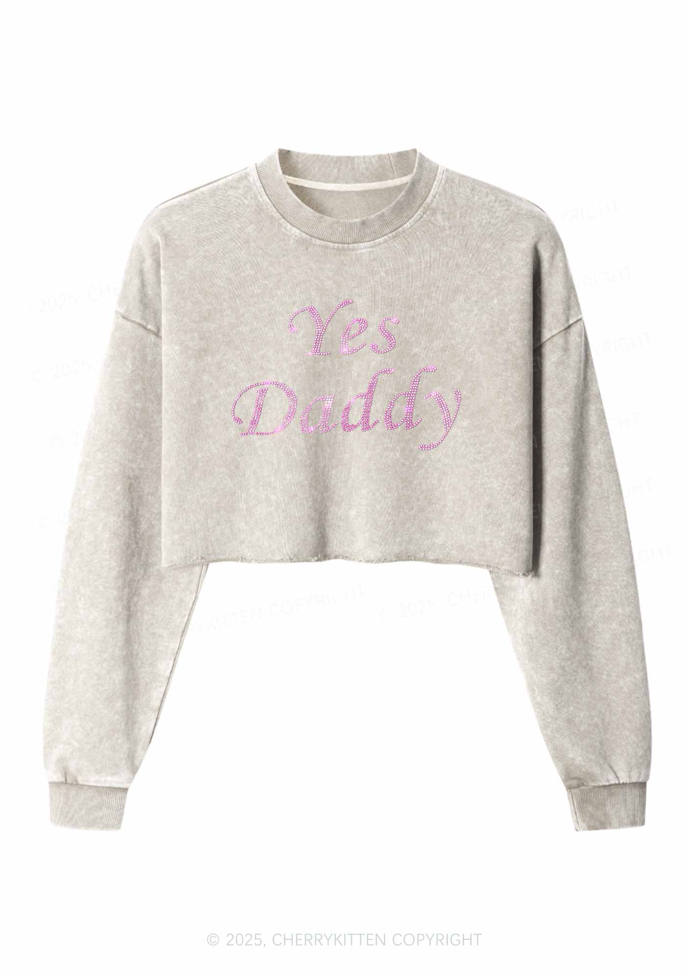 Rhinestone Yes Daddy Y2K Crop Washed Sweatshirts Cherrykitten