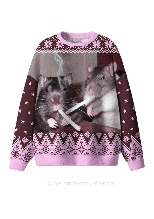 Brown Smoking Rats Y2K Christmas Knit Sweatshirt Cherrykitten