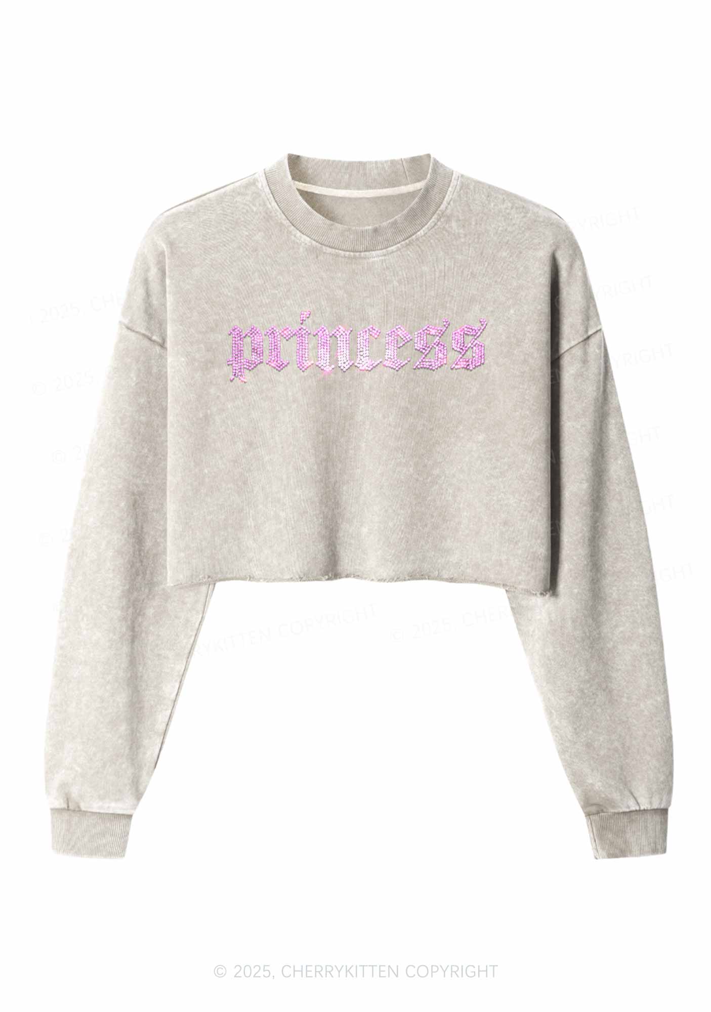 Rhinestone Princess Y2K Crop Washed Sweatshirts Cherrykitten