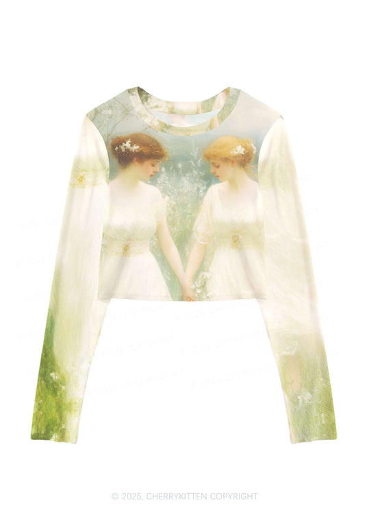 Lesbian Fairy Pride Y2K Mesh Long Sleeve Crop Top Cherrykitten