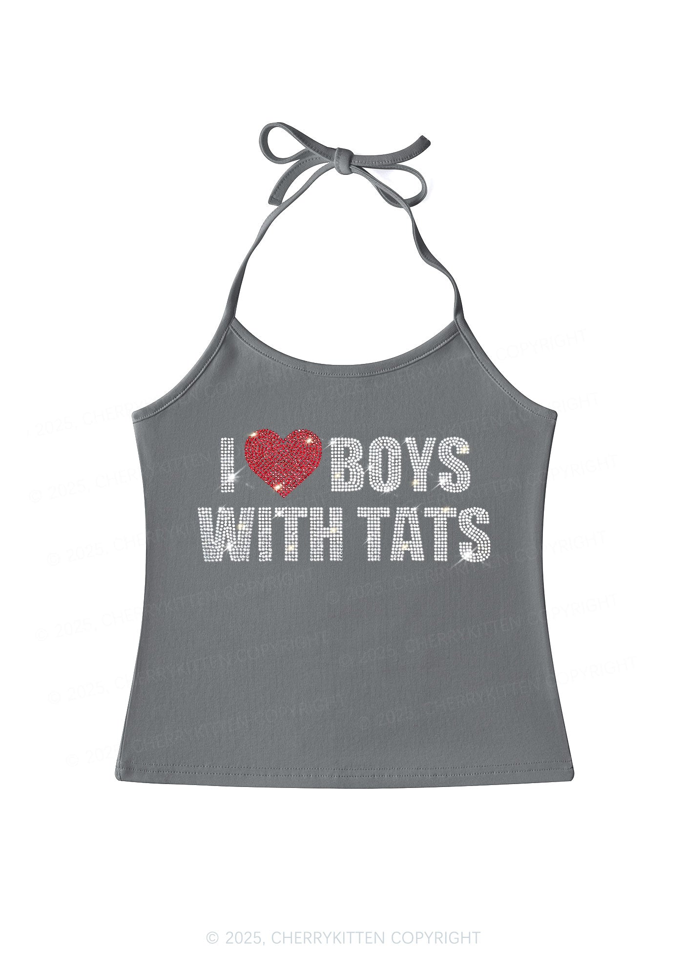 Rhinestone I Love Boys With Tats Y2K Halter Neck Cami Cherrykitten