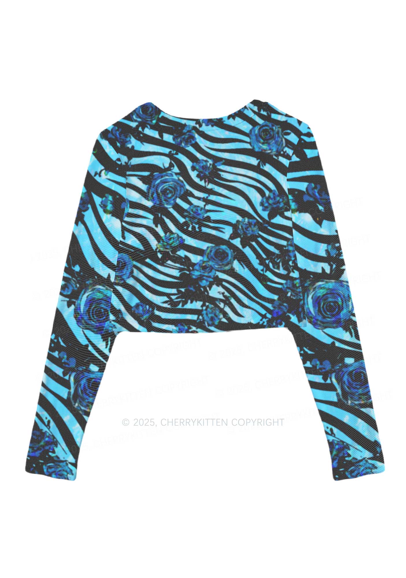 Blue Zebra Roses Y2K Mesh Long Sleeve Crop Top Cherrykitten