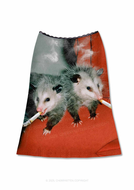 Smoking Badass Rats Y2K Print Midi Skirt Cherrykitten