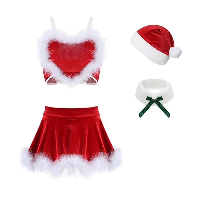 Y2K Christmas Red Velvet Crop Tank Skirt Set Cosplay Costume Cherrykitten